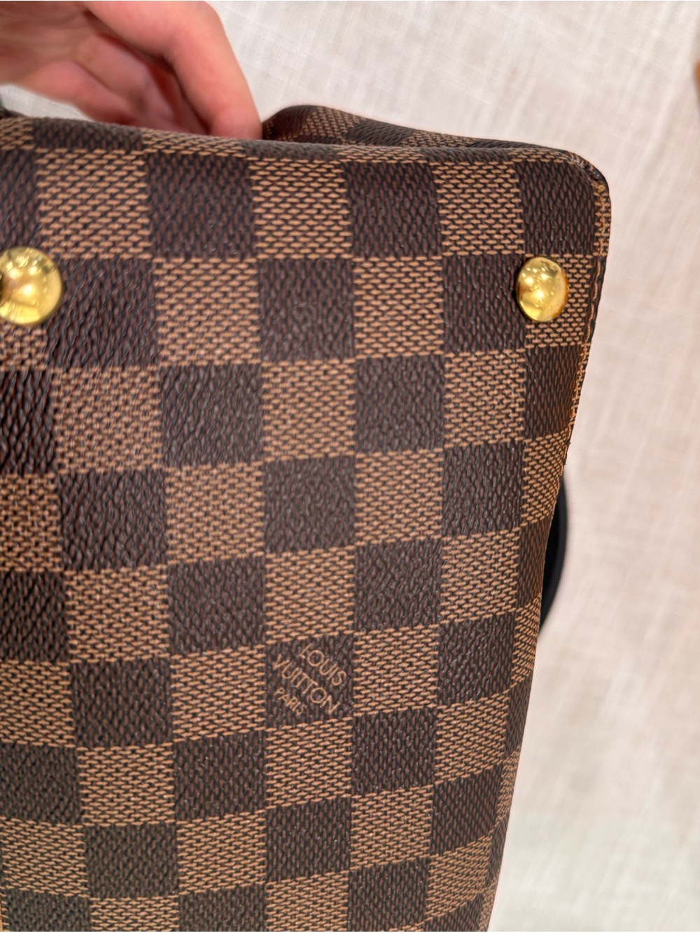 Louis Vuitton Brown Damier Ebene Canvas Tote with Black Trim and Yellow LV Charm - Picture 15 of 15